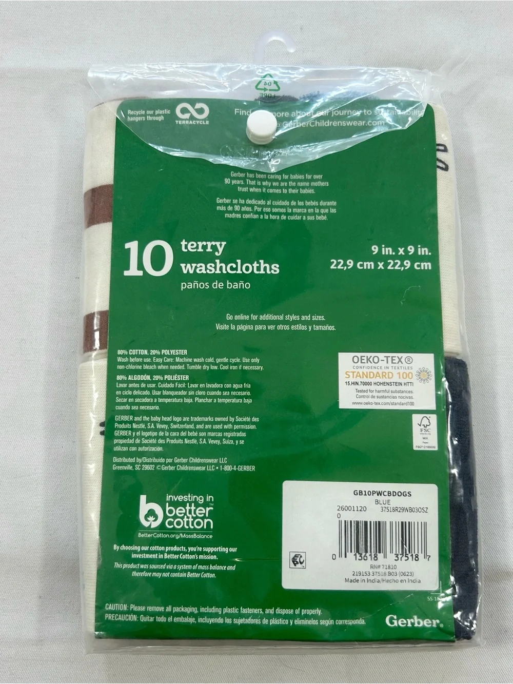 New Gerber Baby Infant Boy 10-Pack Blue Beige Brown Dog Terry Washcloths 9”x9”
